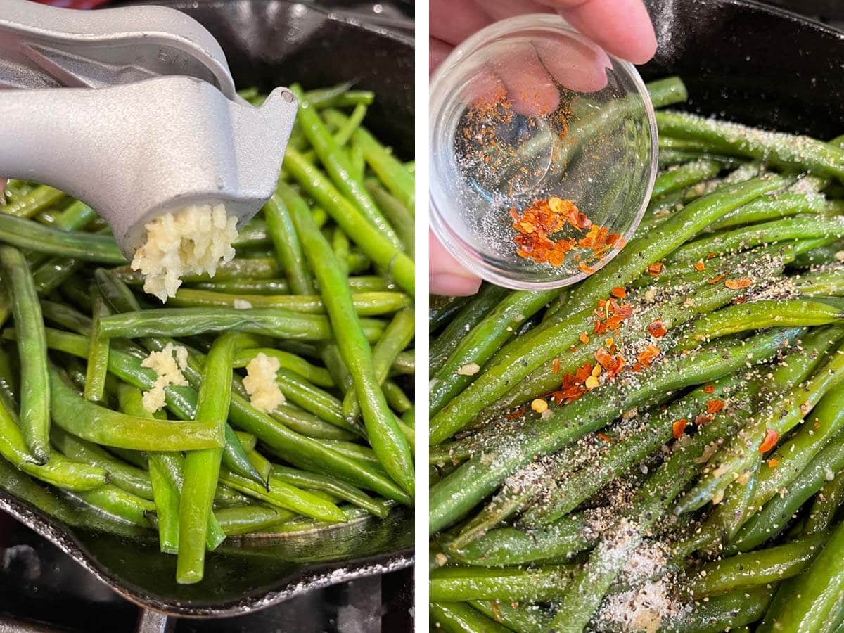 pressing garlic into green beans, adding spices to beans.