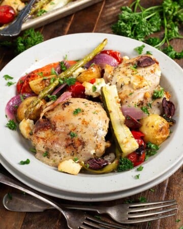Greek Sheet Pan Chicken Dinner on a plate