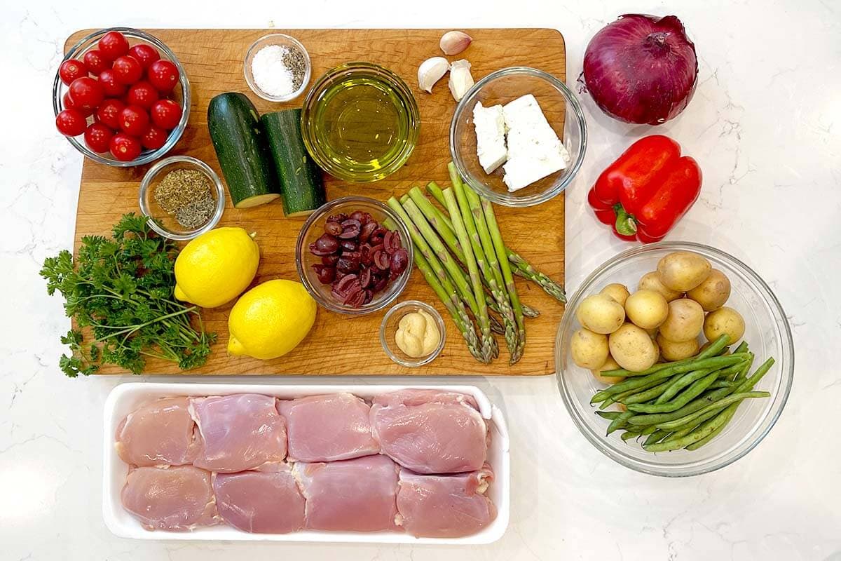 Greek Sheet Pan Chicken Dinner ingredients shot