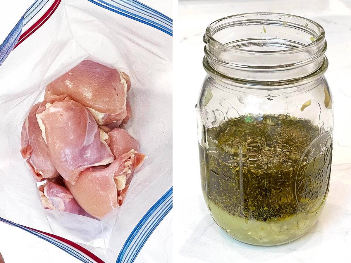 chicken in baggie, marinade in jar.