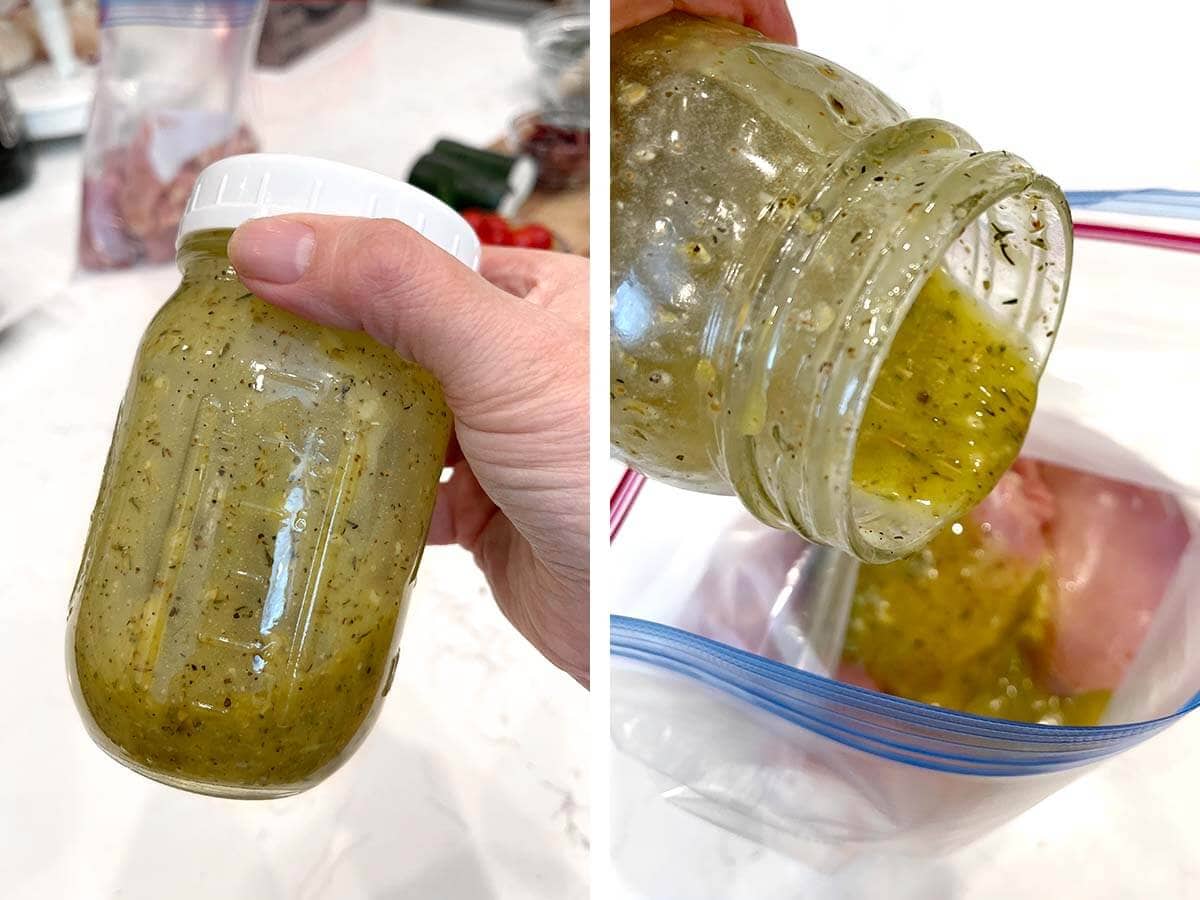 shaking jar of marinade, pouring marinade into bag of chicken