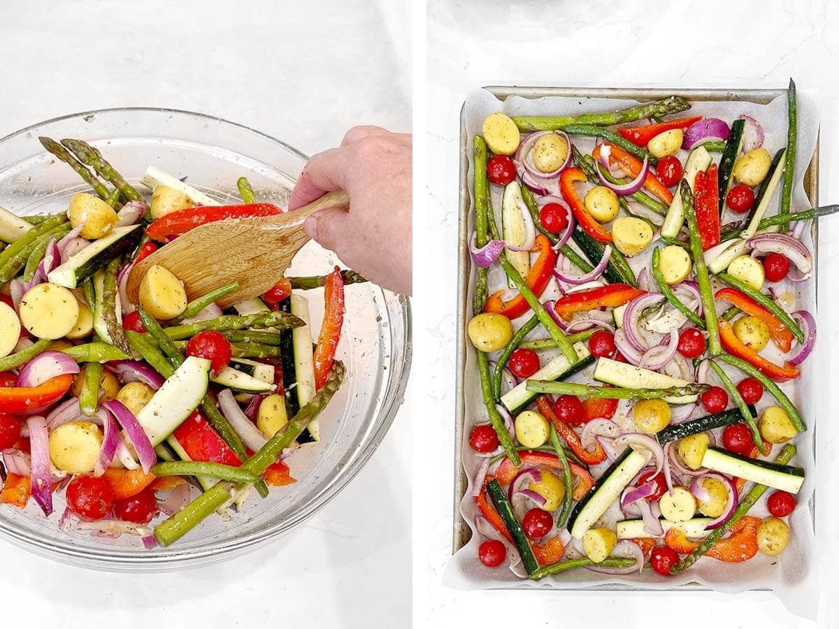 stirring veggies in bowl, veggies on sheet pan.