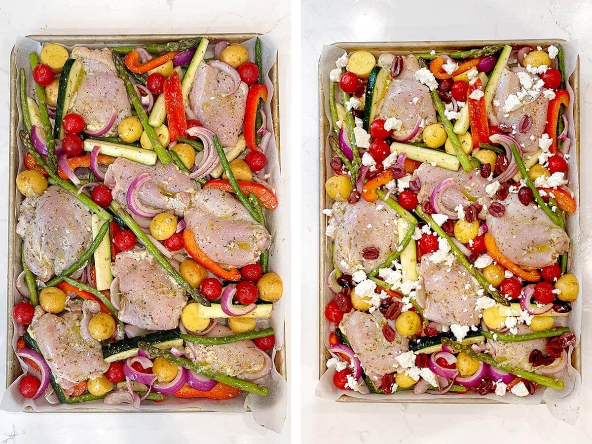 chicken added to veggies on sheet pan, feta and olives added to the sheet pan.