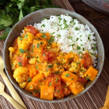 Instant Pot Vegetable Curry in a bowl with rice