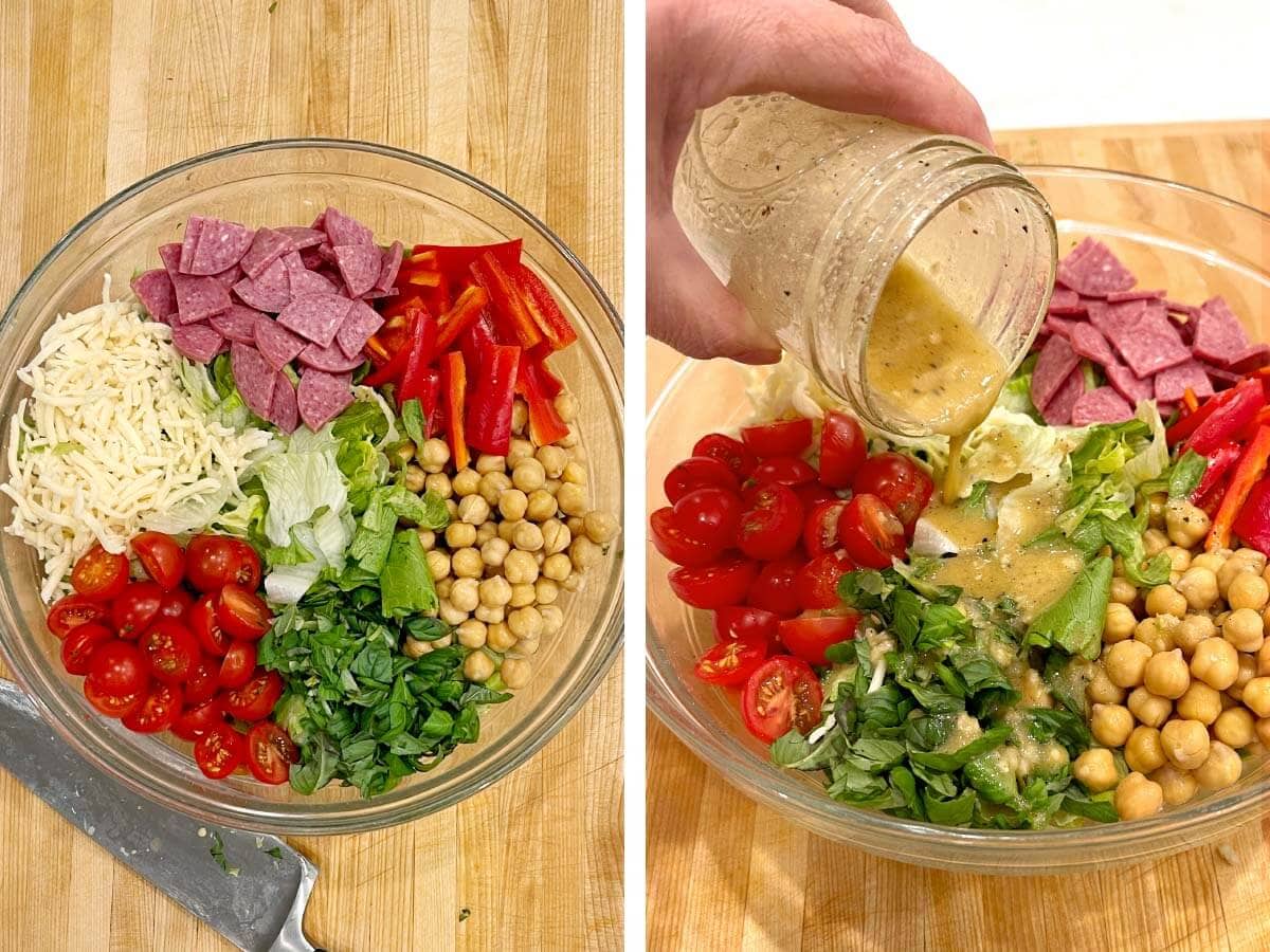 lettuse, tomatoes, basil, garbanzos, tomatoes, mozzarella in a glass bowl with dressing pouring on it.