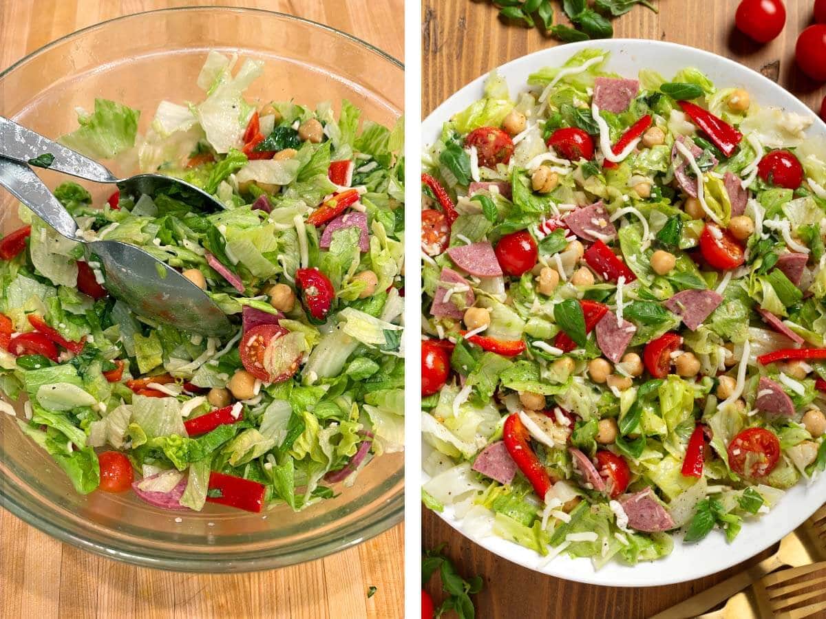 tossing salad in a bowl