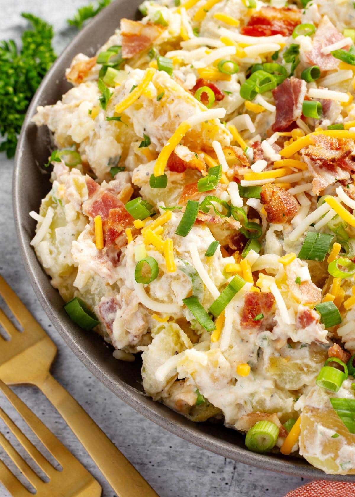 Loaded Potato Salad in a bowl closeup