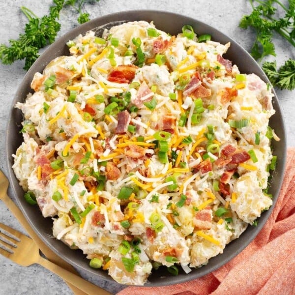 Loaded Potato Salad in brown bowl