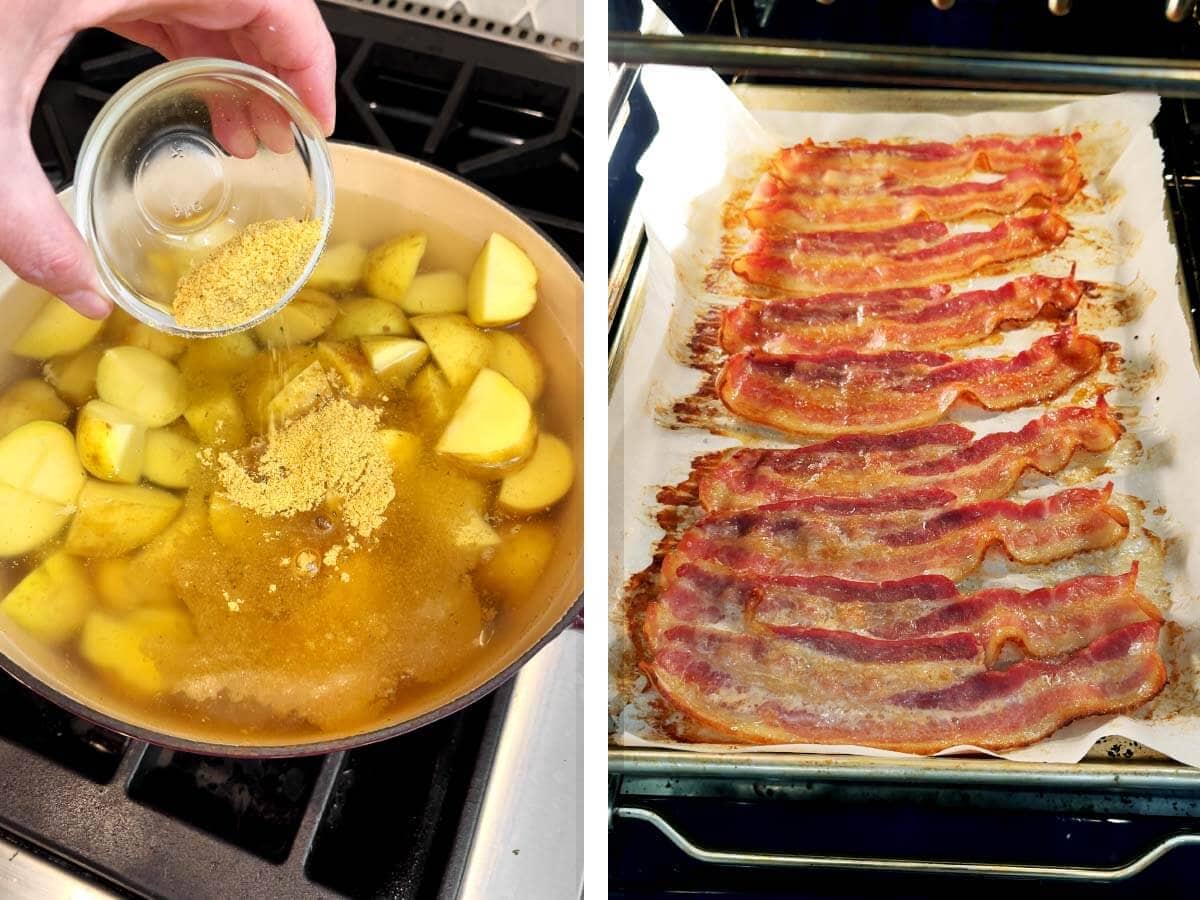 potatoes boiling in pot with bouillon, bacon cooking in oven on pan
