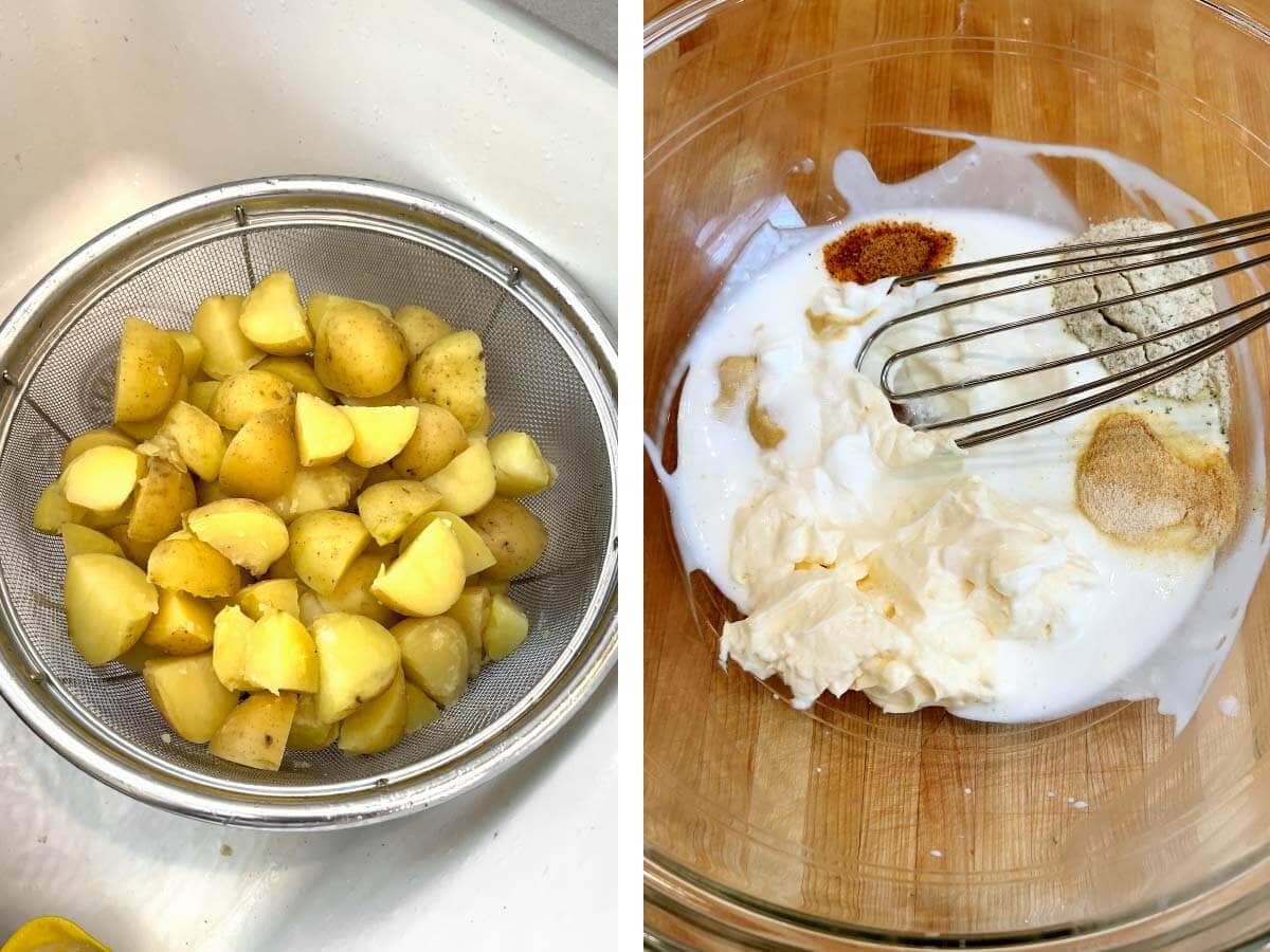 potatoes in colander cooling, dressing ingredients in glass bowl