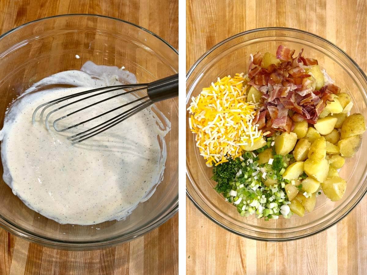 dressing in bowl with whisk, potato salad ingredients added to dressing in bowl.