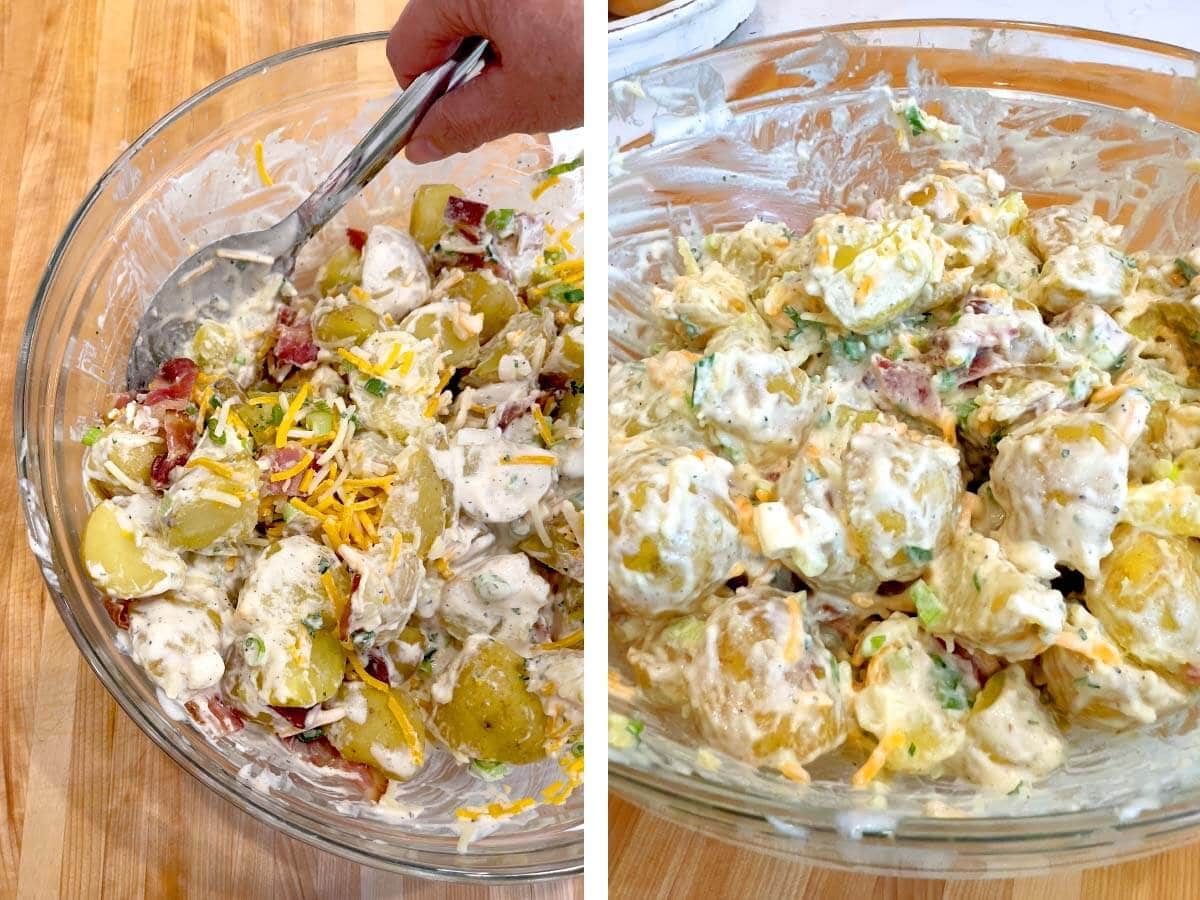 mixing potato salad in bowl, mixed salad waiting for garnishes