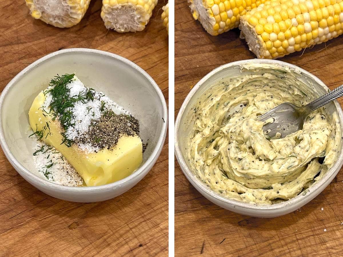 butter, herbs & spices in a bowl, mixed together.