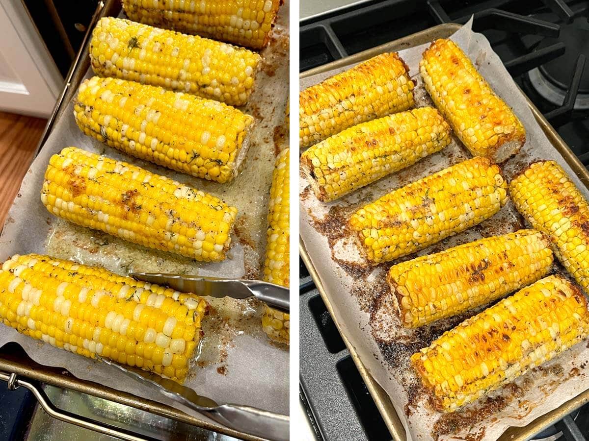 Tongs turning corn cob over on baking pan, pan of baked corn ears.