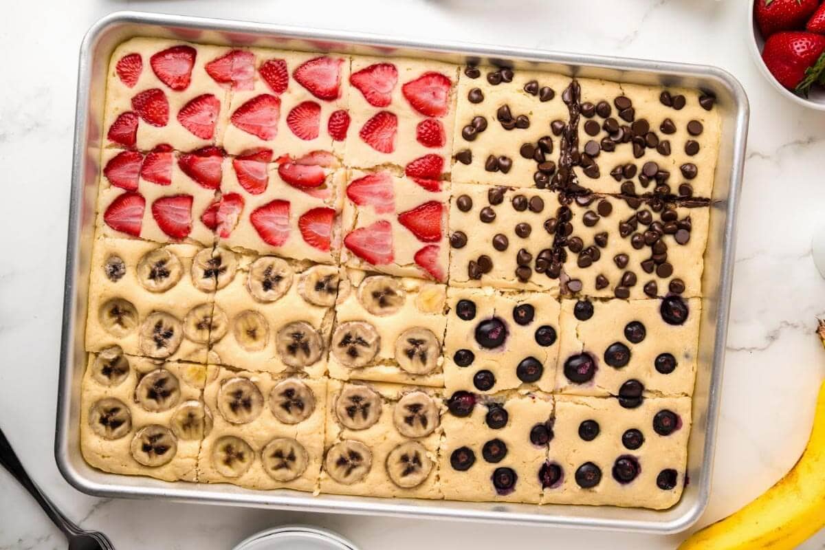 Sheet Pan Pancakes sliced.