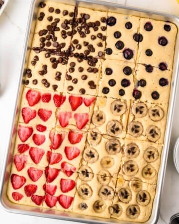 Sheet Pan Pancakes sliced.