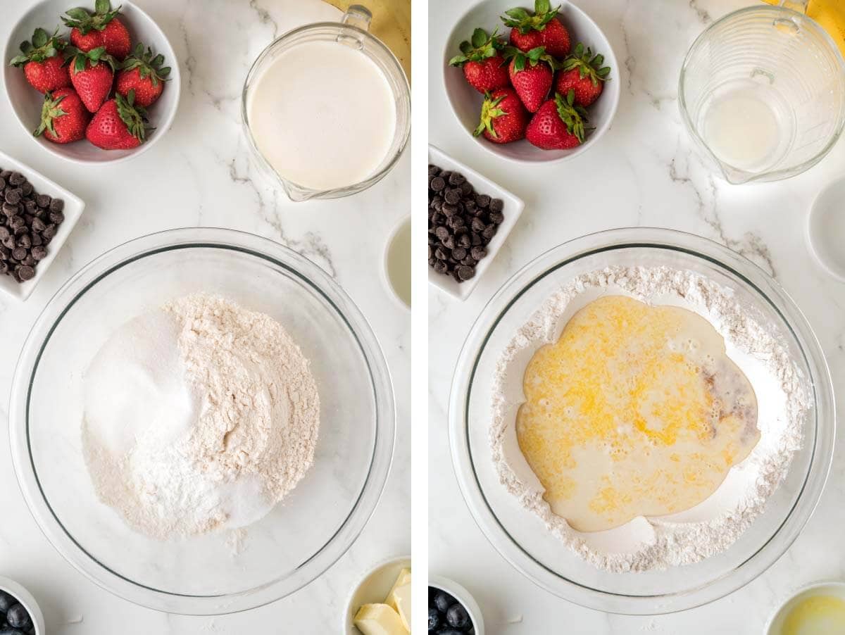 flour, sugar, baking powder, and salt in bowl, wet ingredients added.