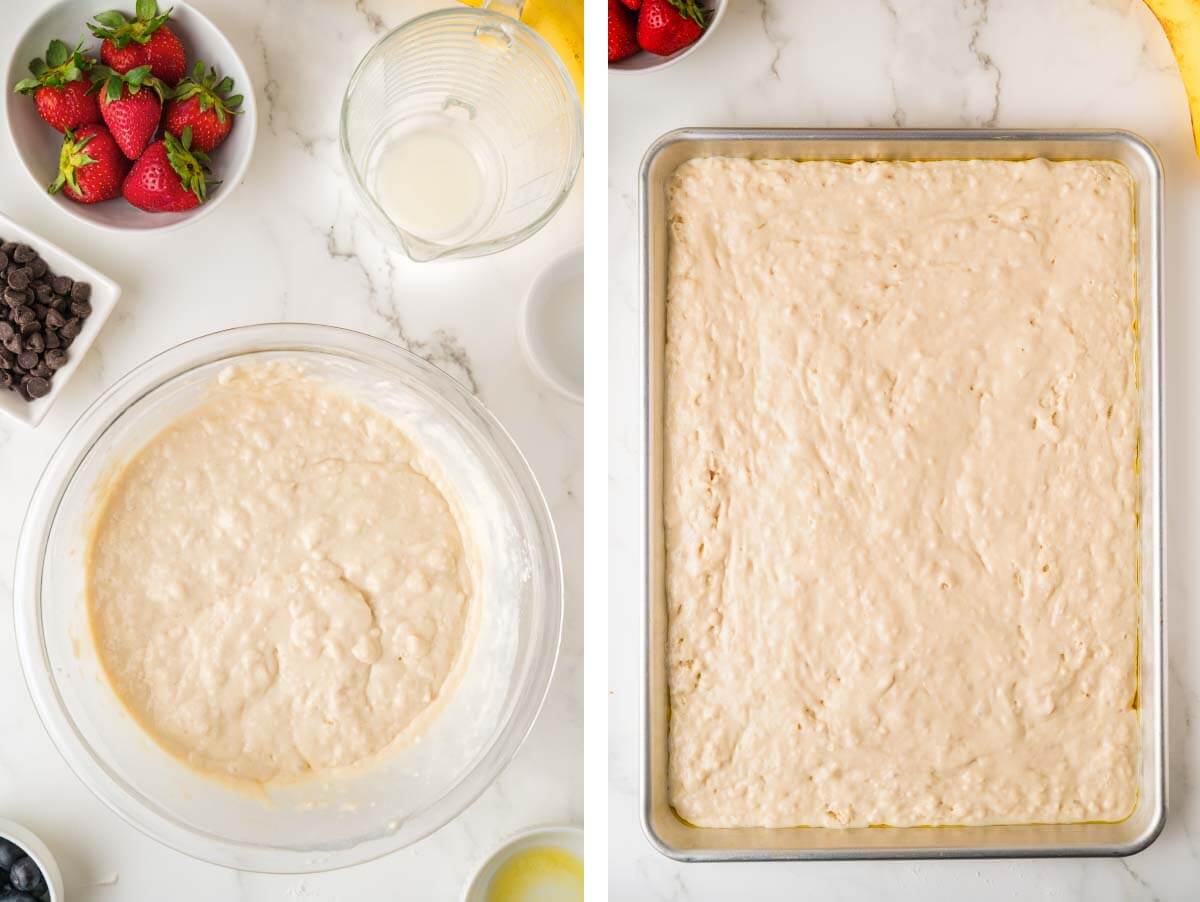 pancake batter mixed, batter poured onto baking sheet pan.