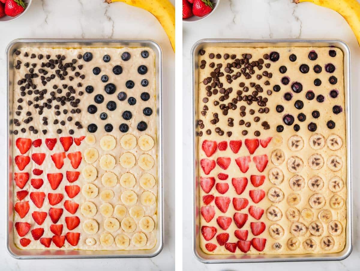 Blueberries, strawberries, bananas, and chocolate chips in quarters across the tray of uncooked batter. What it looks like cooked.