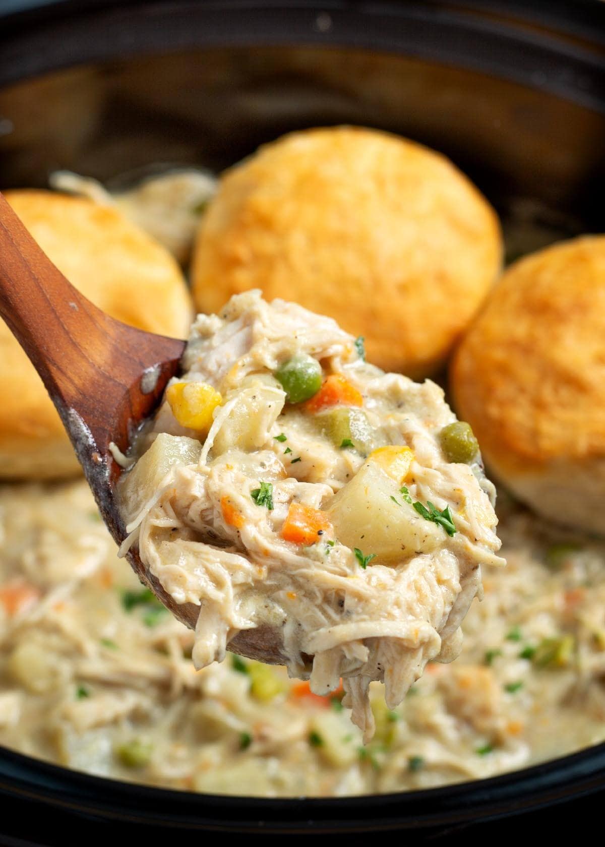 Slow Cooker Chicken Pot Pie on a ladle