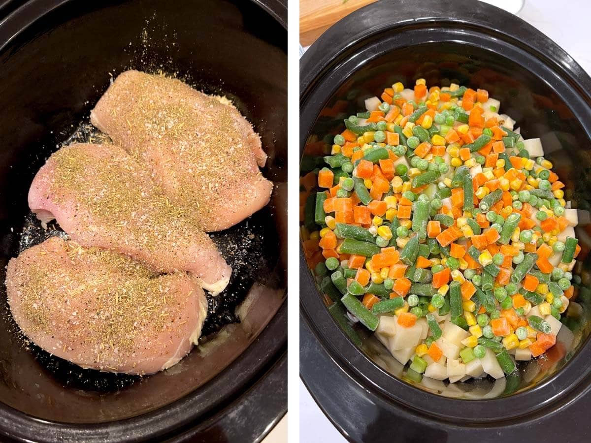 seasoned chicken breast in crock, frozen veggies and potatoes, celery on chicken.