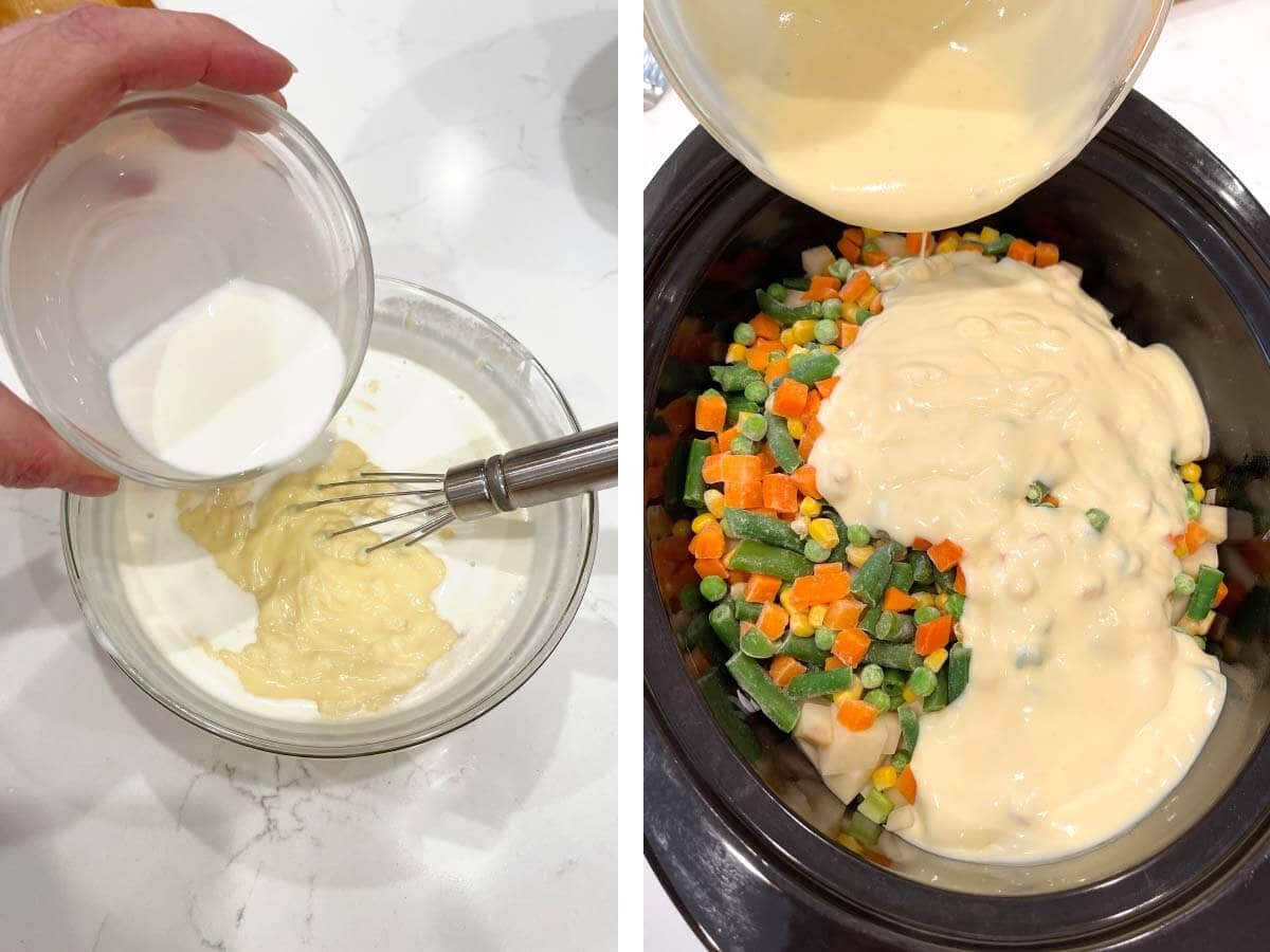 mixing cream soup and milk in bowl, pouring soup over chicken & veggies.