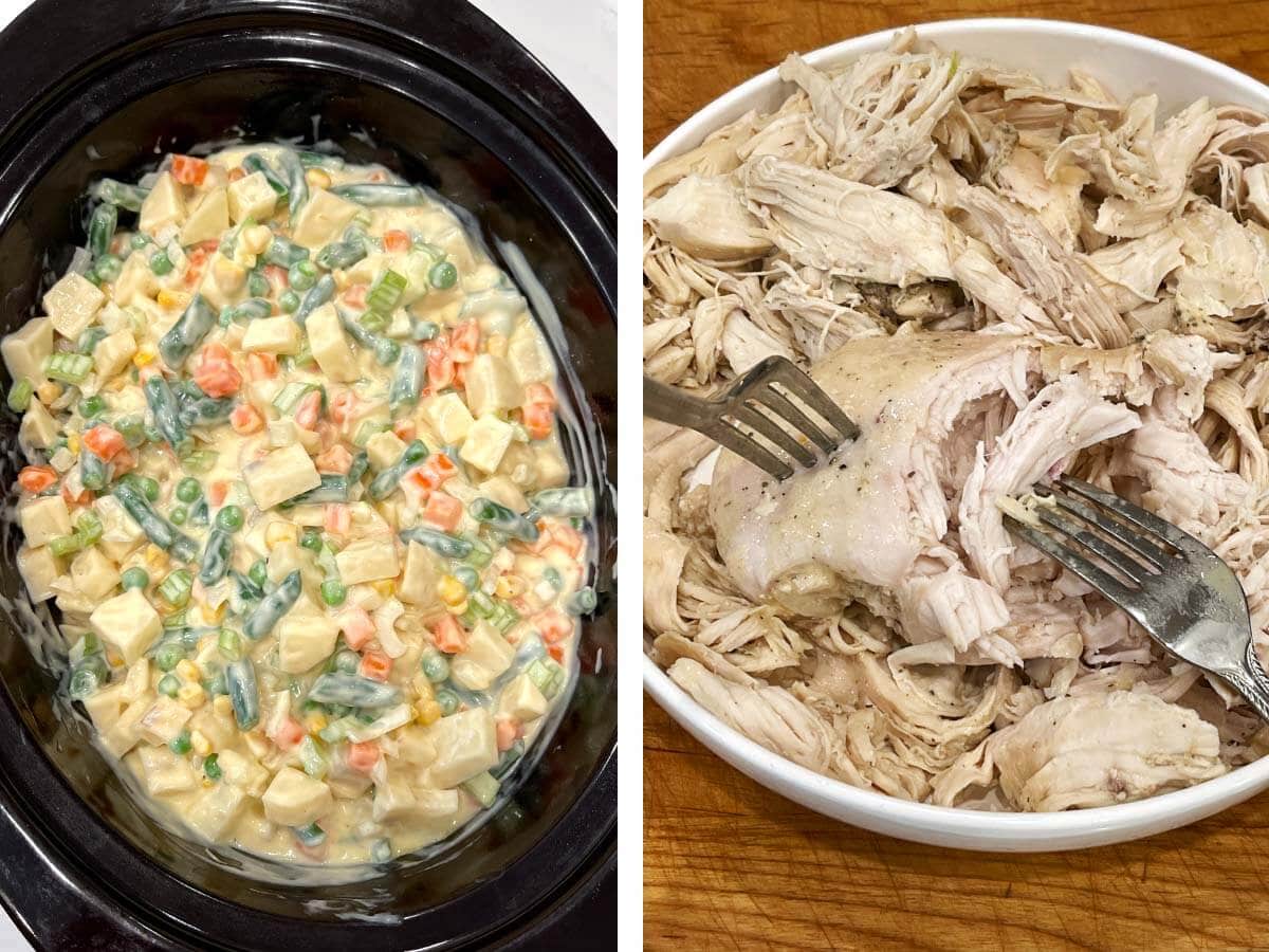 soup mixed with veggies, shredding chicken breast with forks.