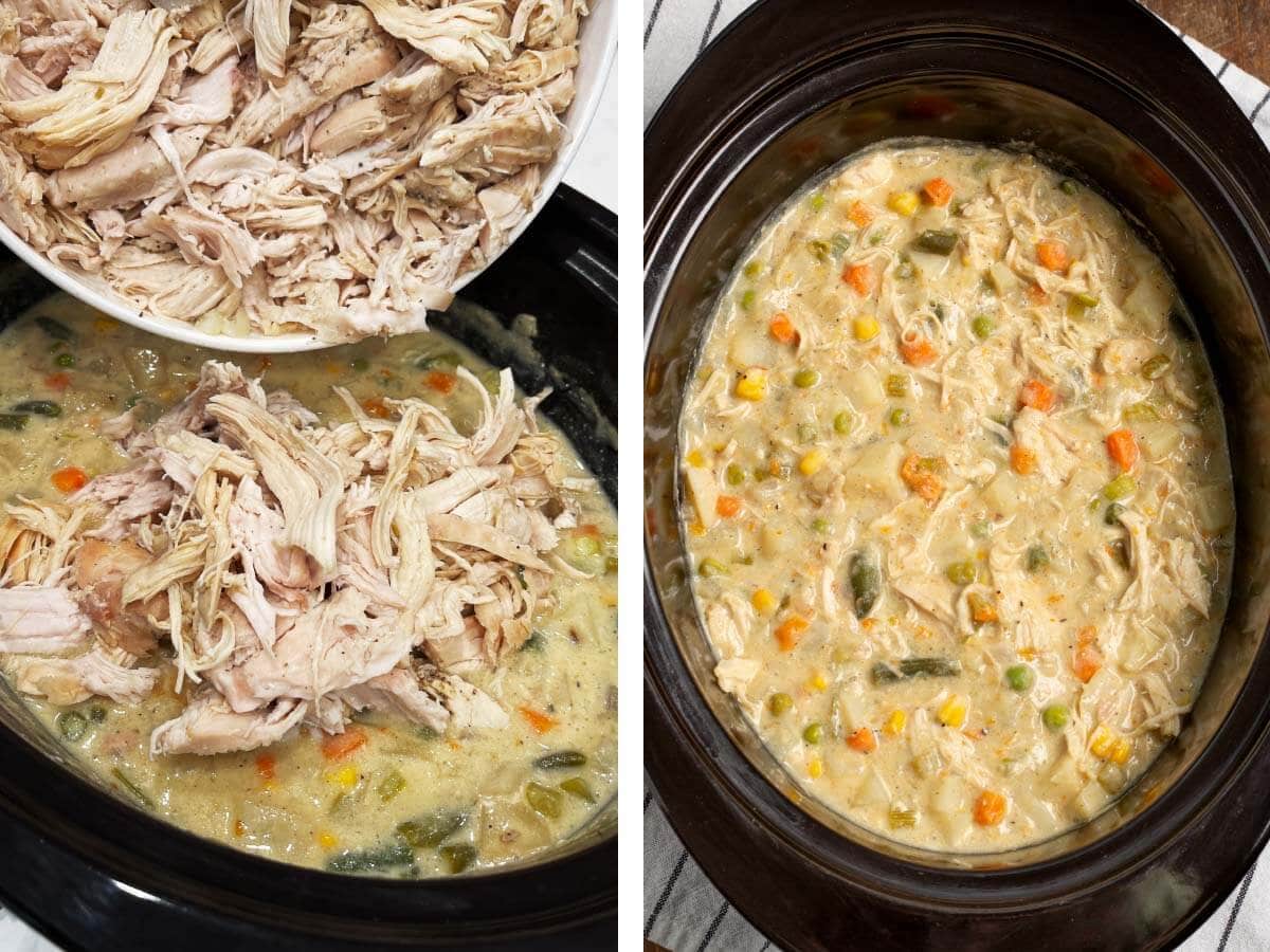 adding shredded chicken to cream veggies, chicken pot pie mixture in crock after stirring.