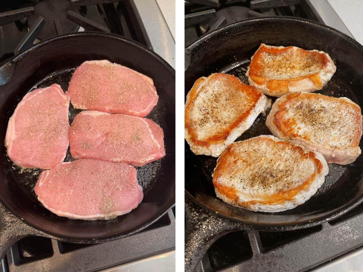 4 pork chops frying in a skillet.