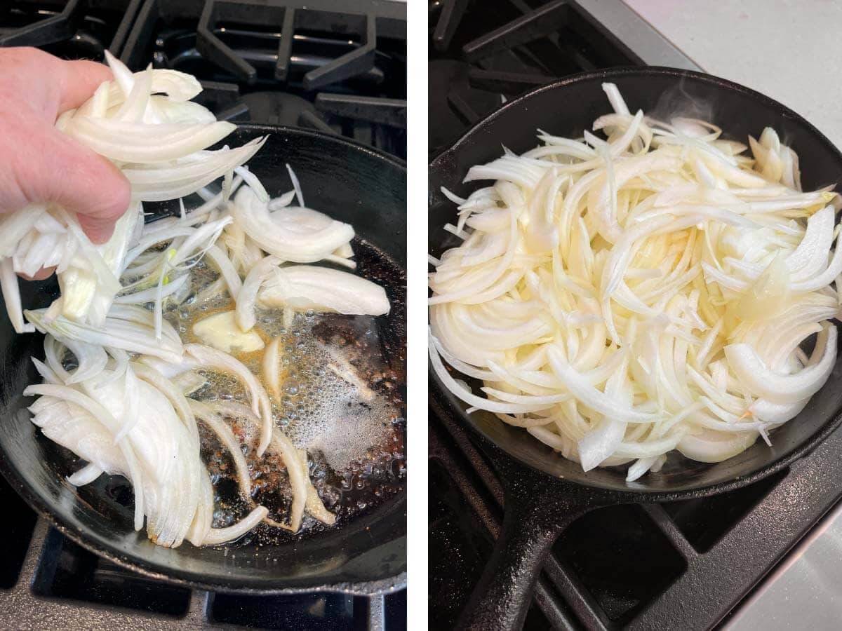 onions frying in a skillet.