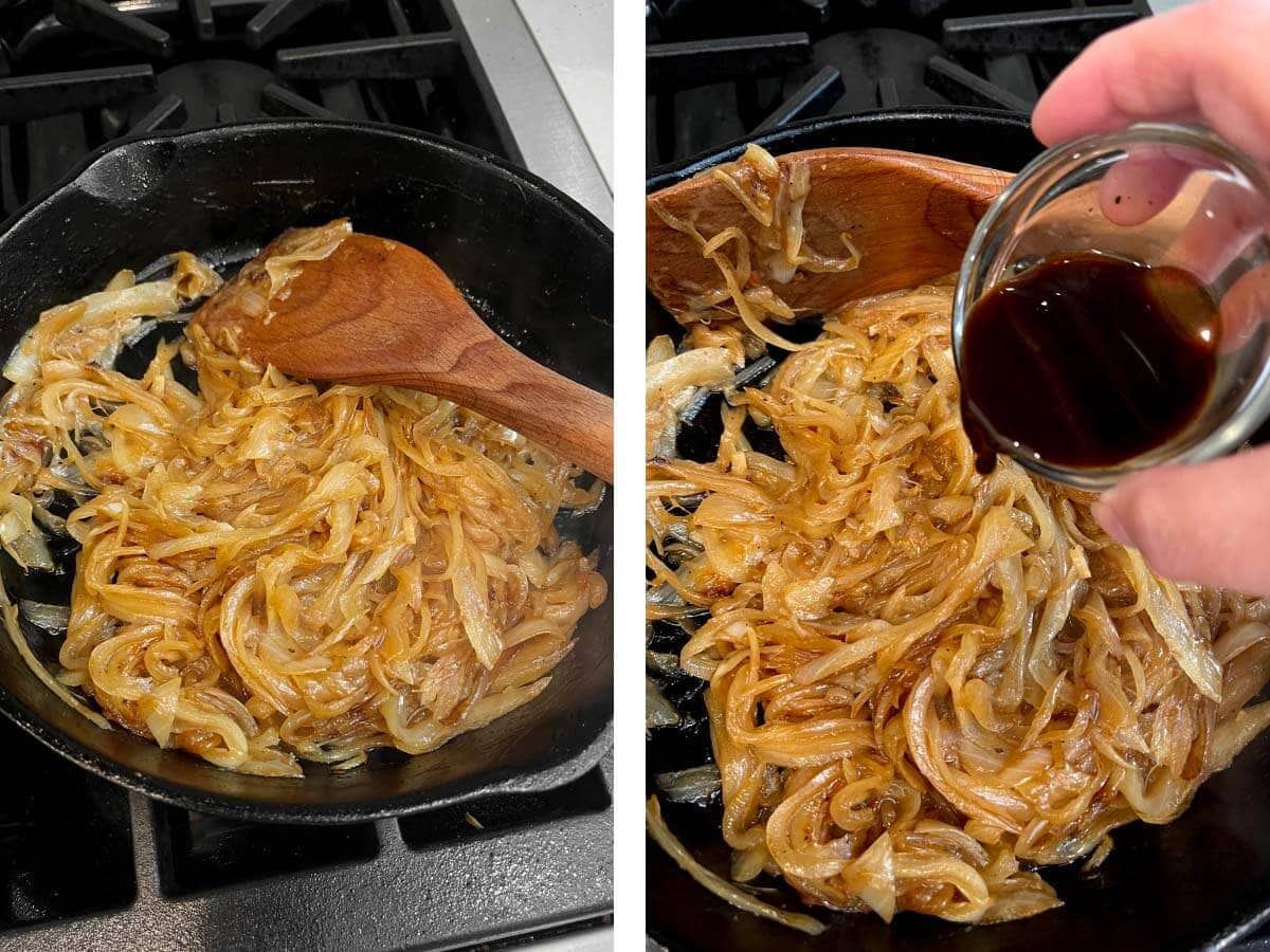 onions browning in skillet, adding Worcestershire.