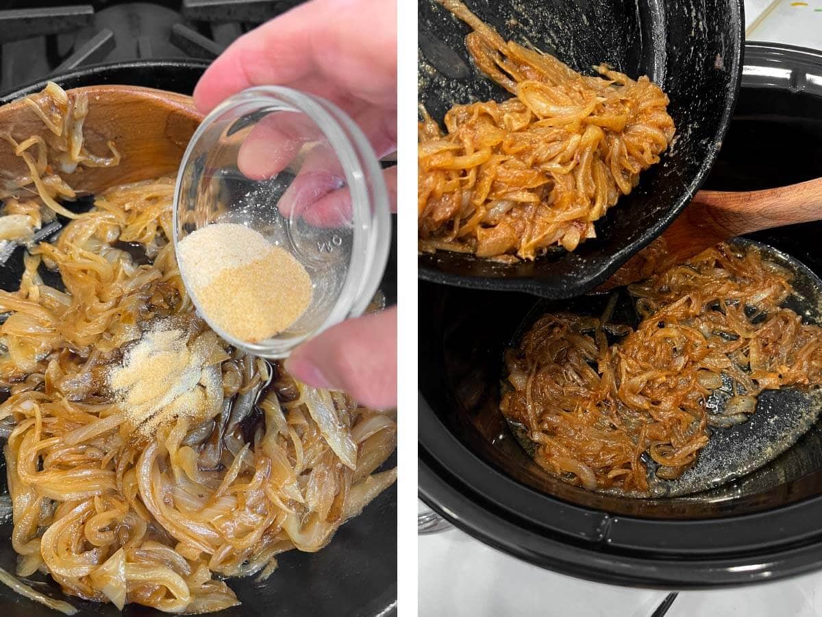 adding onion powder and garlic powder to onions in skillet, adding cooked onions to crockpot.