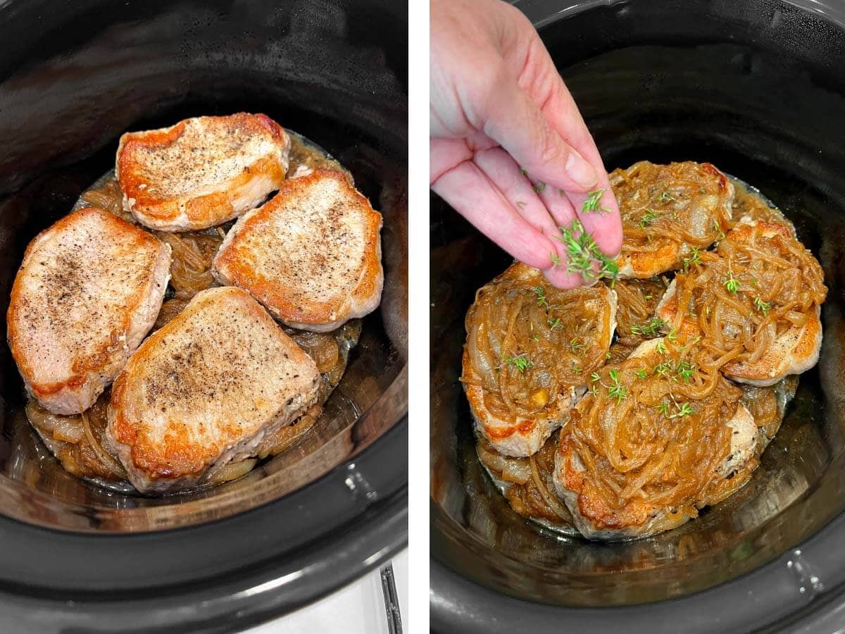 4 browned pork chops added to crock, thyme being added to chops.