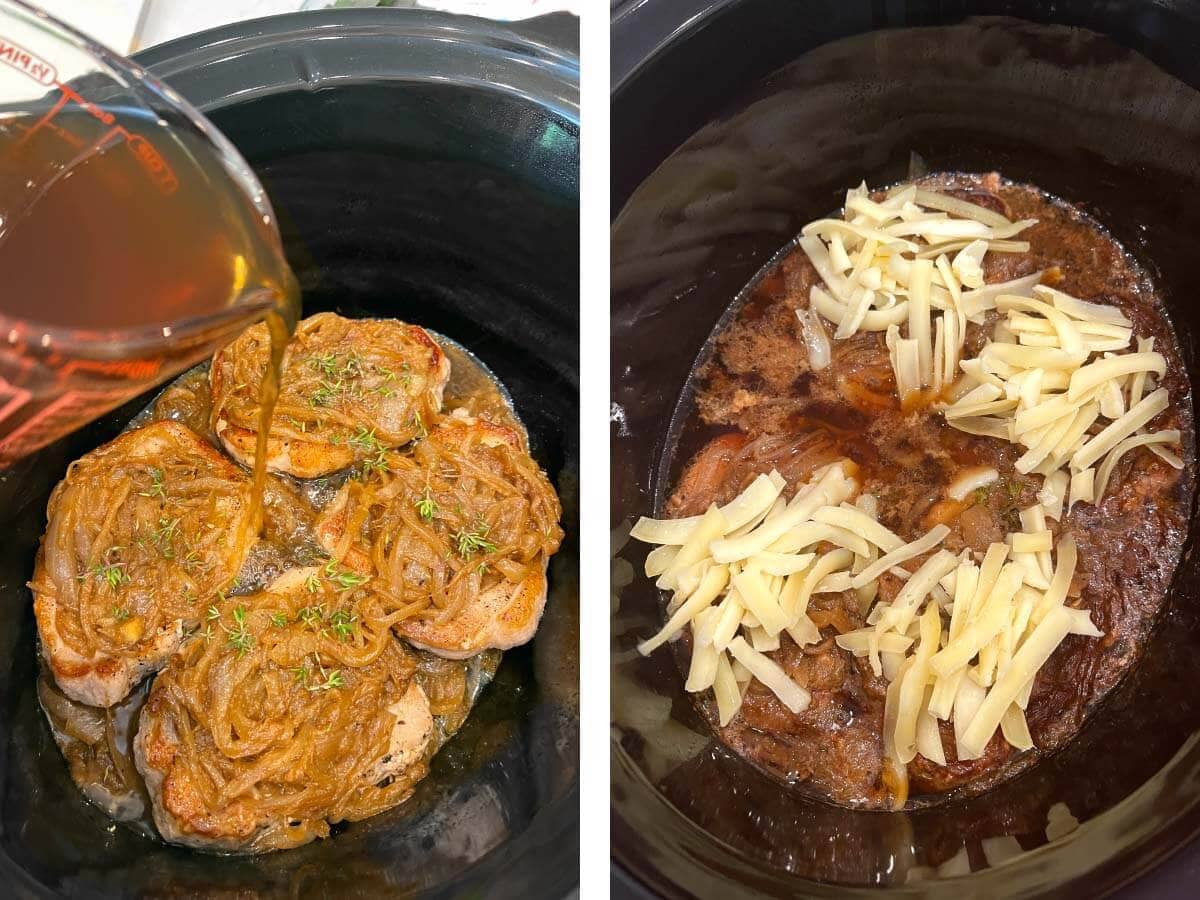 pouring beef broth over pork chops in crock, cheese on cooked pork chops in crock.