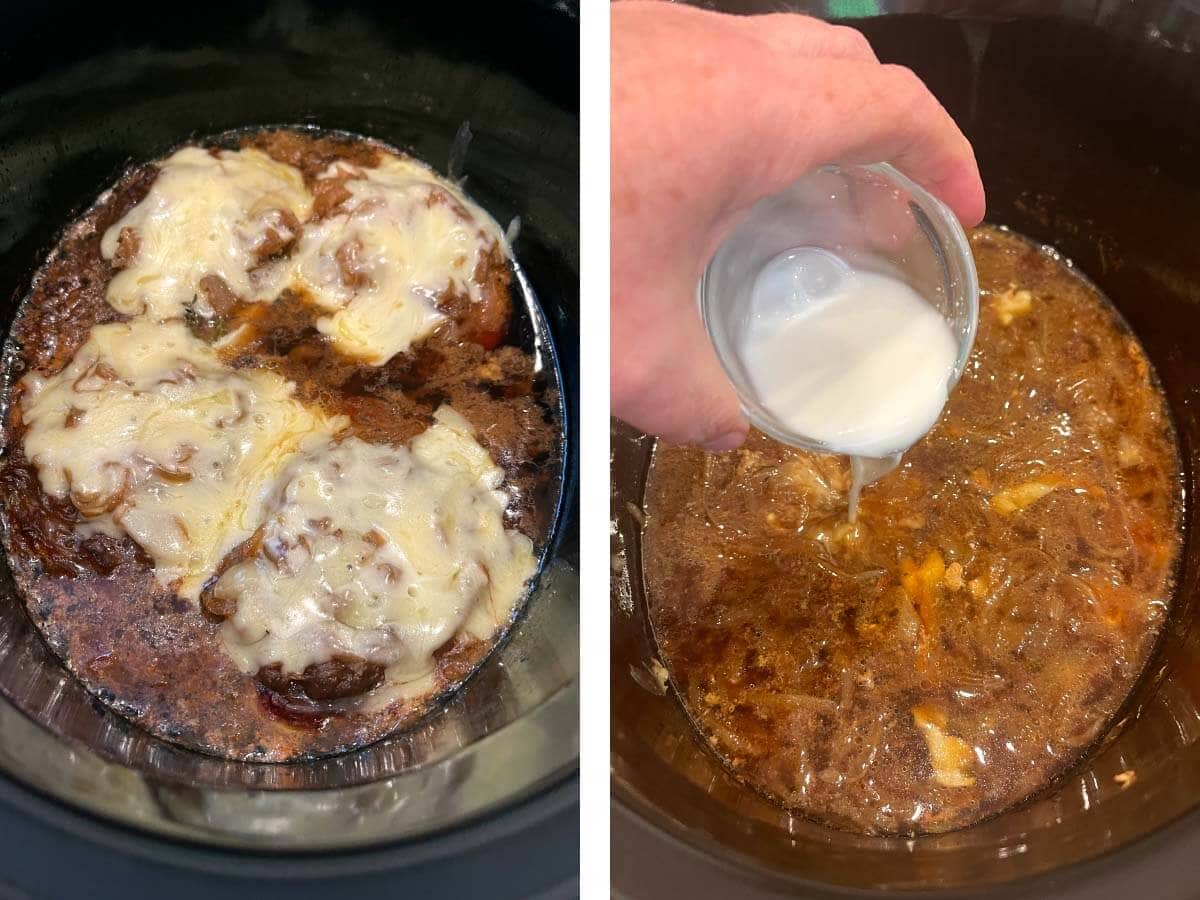 cheese melted on cooked pork chops in crock, pouring cornstarch slurry into broth in crock.