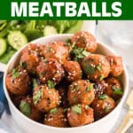 Slow Cooker Honey Garlic Meatballs in a white bowl