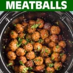 Slow Cooker Honey Garlic Meatballs in a black crock