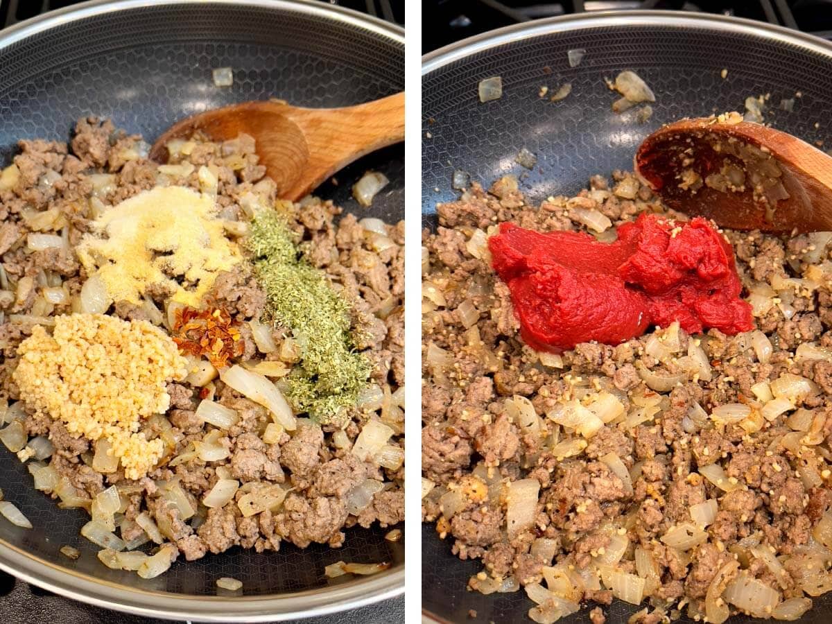 cooking meat with onion and spices, tomato paste added