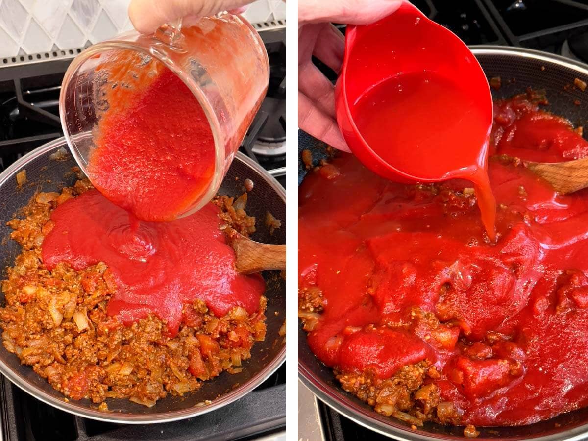 adding tomato sauce and broth to meat mixture