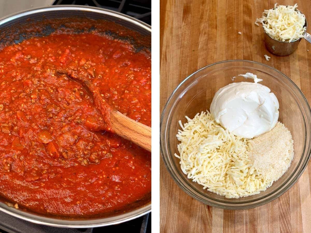 stirring meat mixture, cheeses in glass bowl.