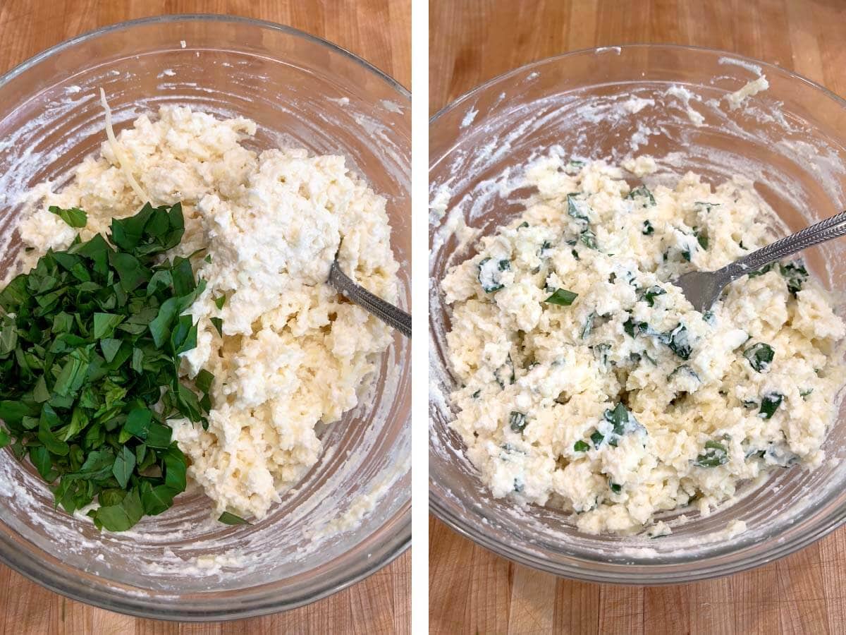 basil added to cheeses in bowl, cheeses mixed with basil.
