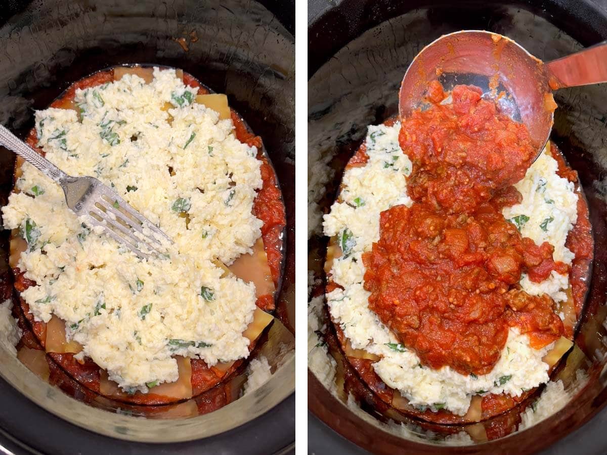 cheese mixture in crock on sauce, adding more sauce.