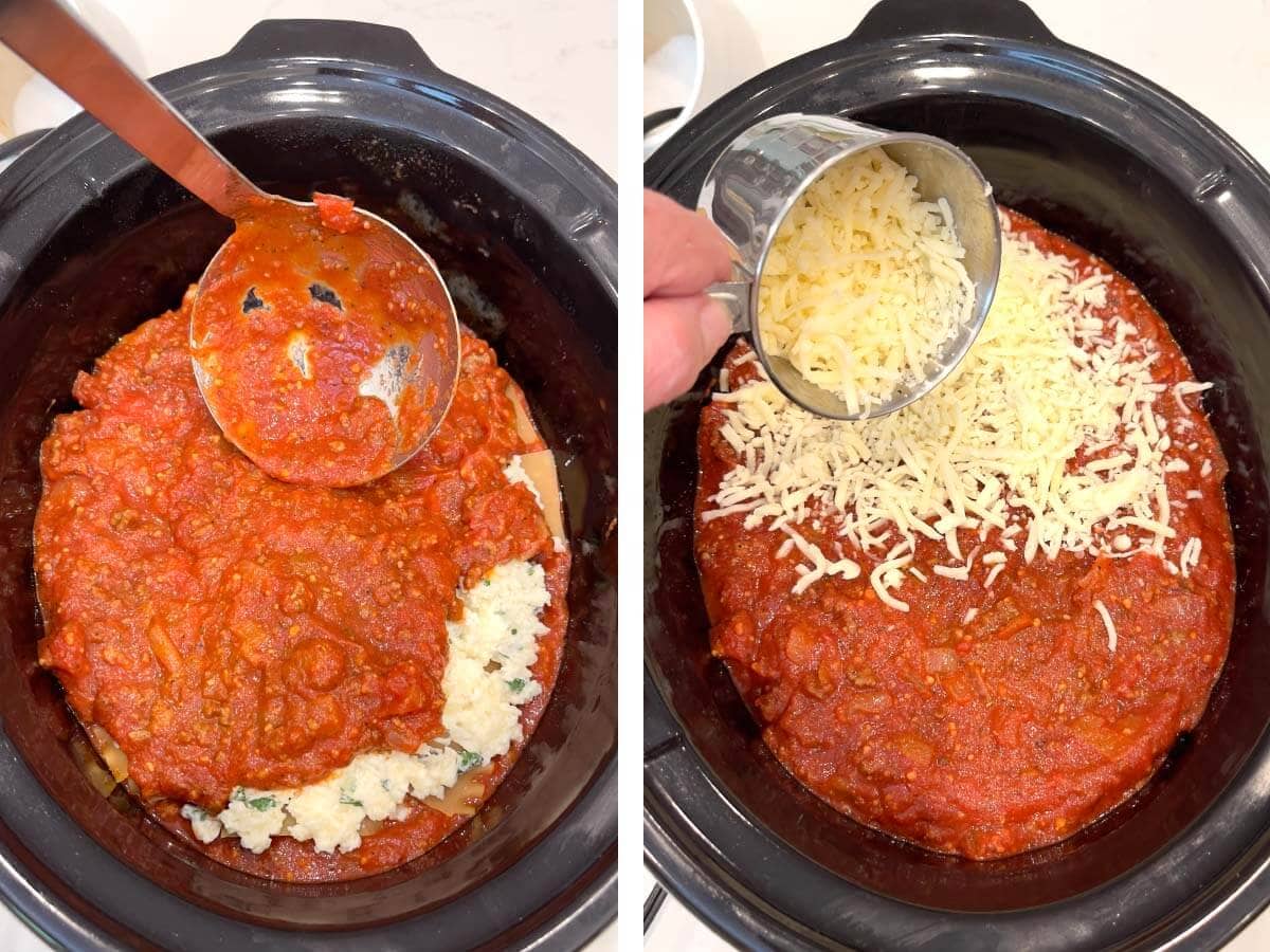 sauce layer being added to crock, mozzarella cheese being added to sauce.