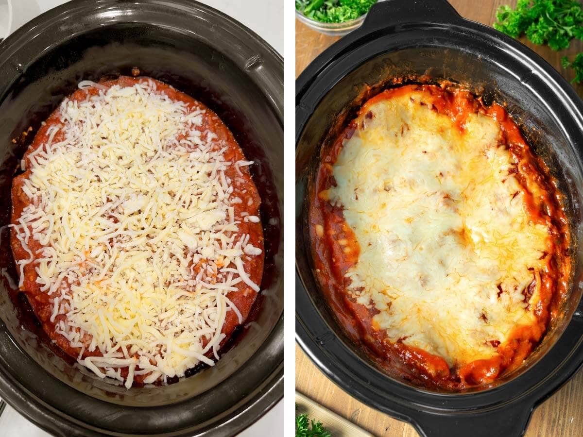 assembled Slow Cooker Lasagna before cooking, Slow Cooker Lasagna after cooking