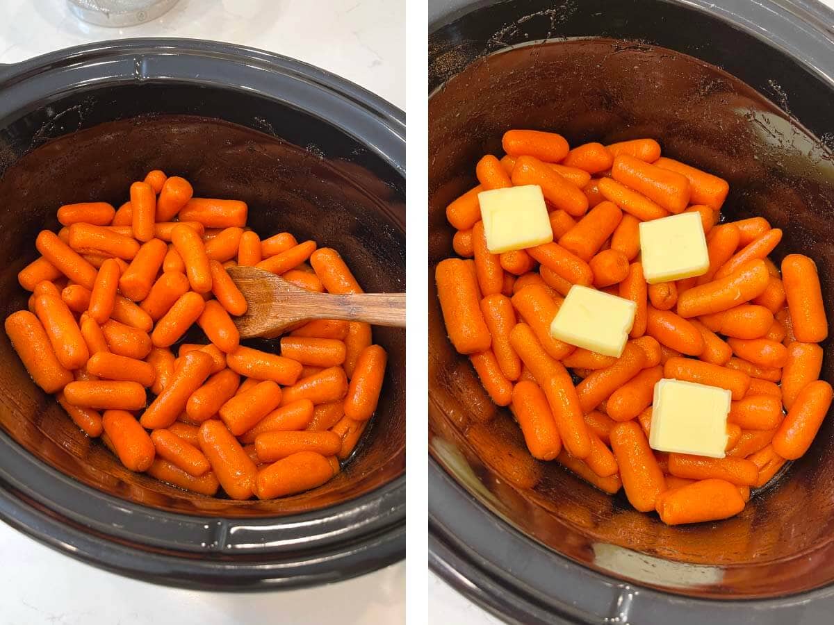 stirring carrots in crock with butter added