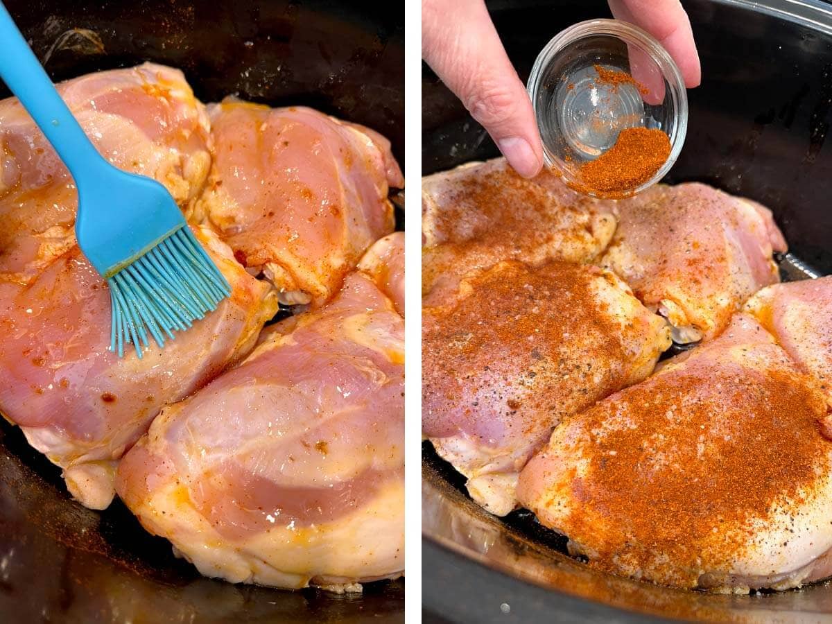 blue brush oiling chicken, sprinkling paprika on chicken