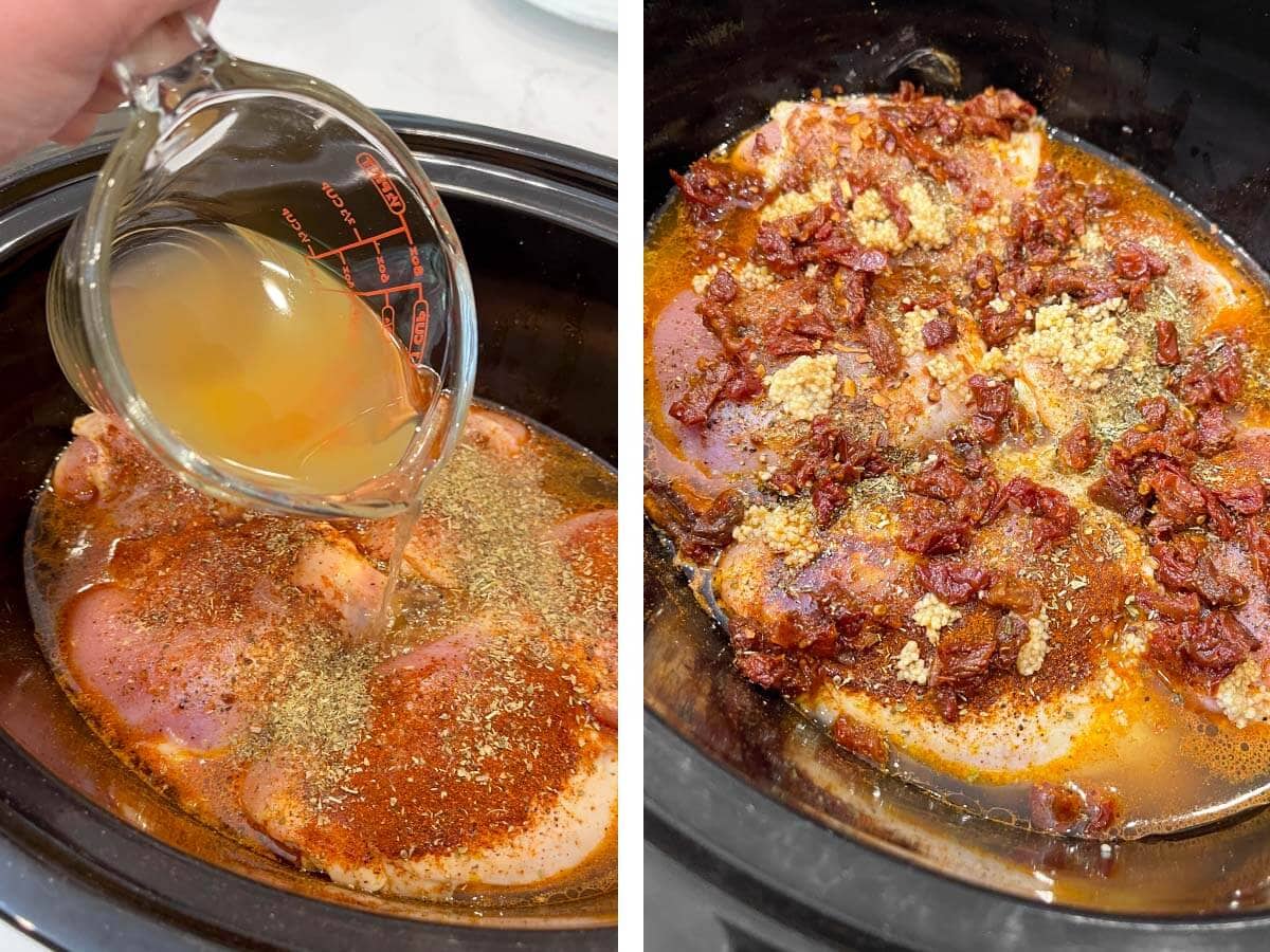 pouring broth on chicken, garlic and sun dried tomatoes on chicken