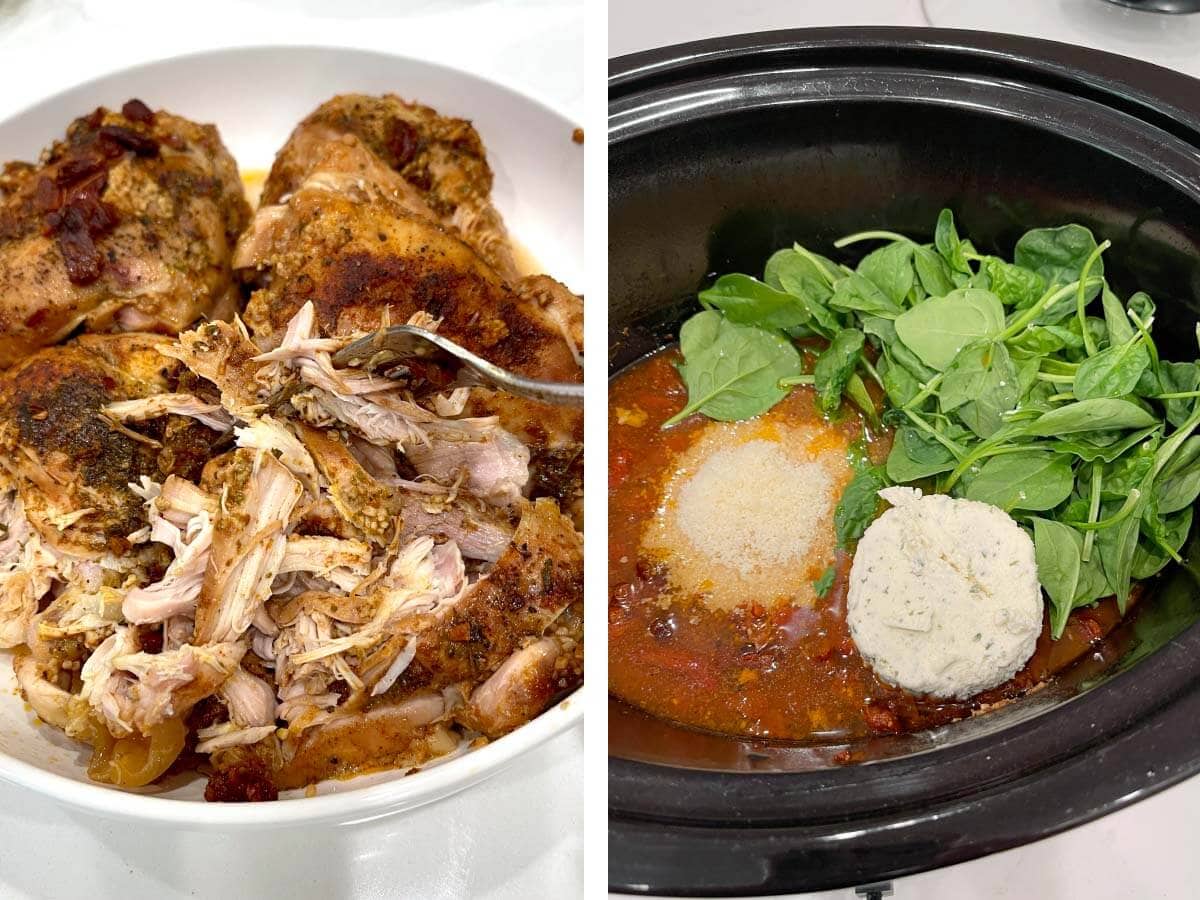 shredding chicken, added parmesan, spinach, cheese to crock.