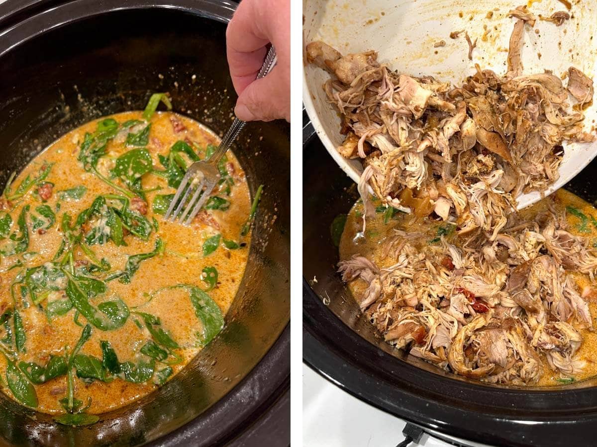 whisking ingredients in crock with fork, adding shredded chicken back in crock.