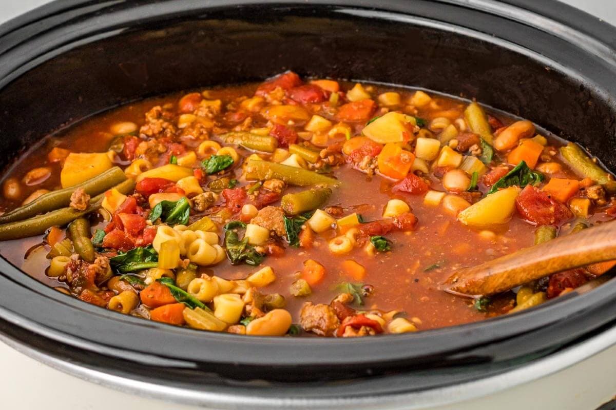 Slow Cooker Minestrone Soup closeup in crockpot.